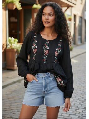 American Eagle Embroidered Peasant Top with Red Floral Detailing